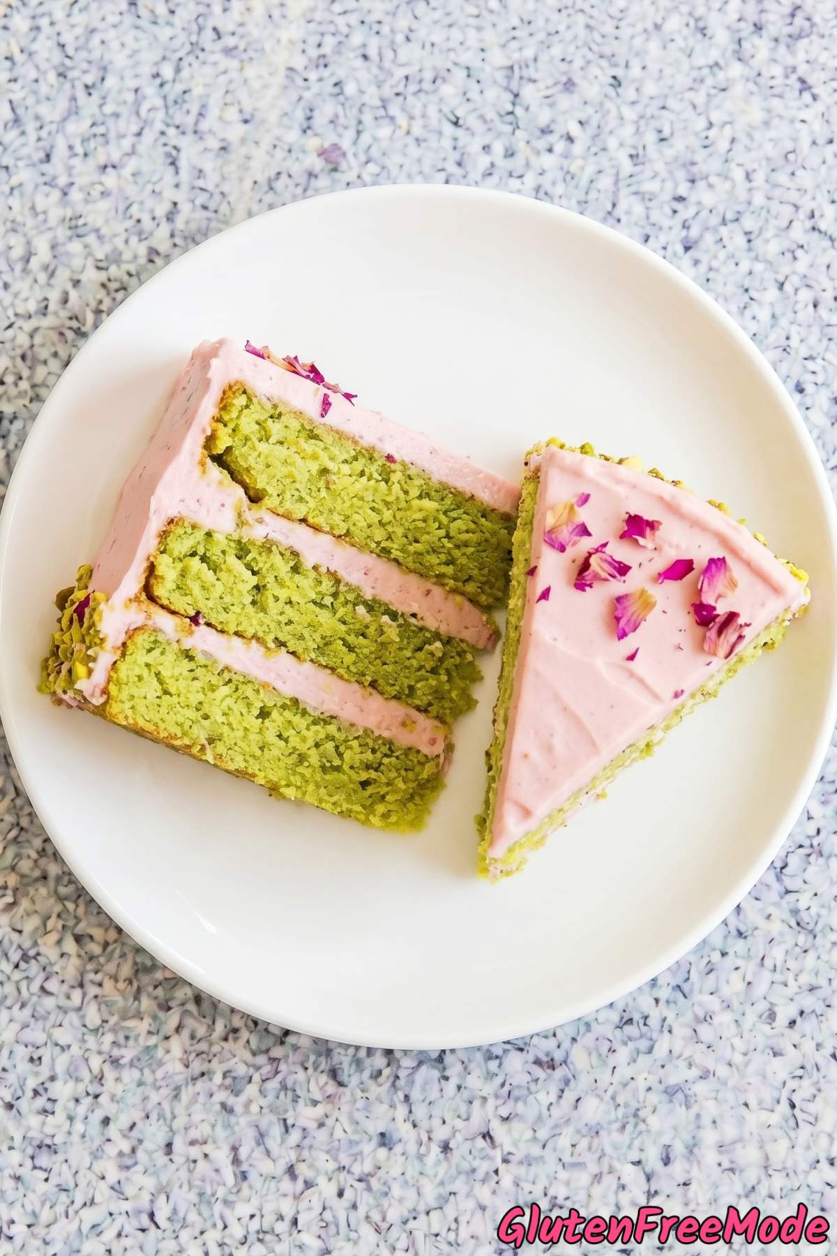 Elegant gluten free pistachio rose layer cake