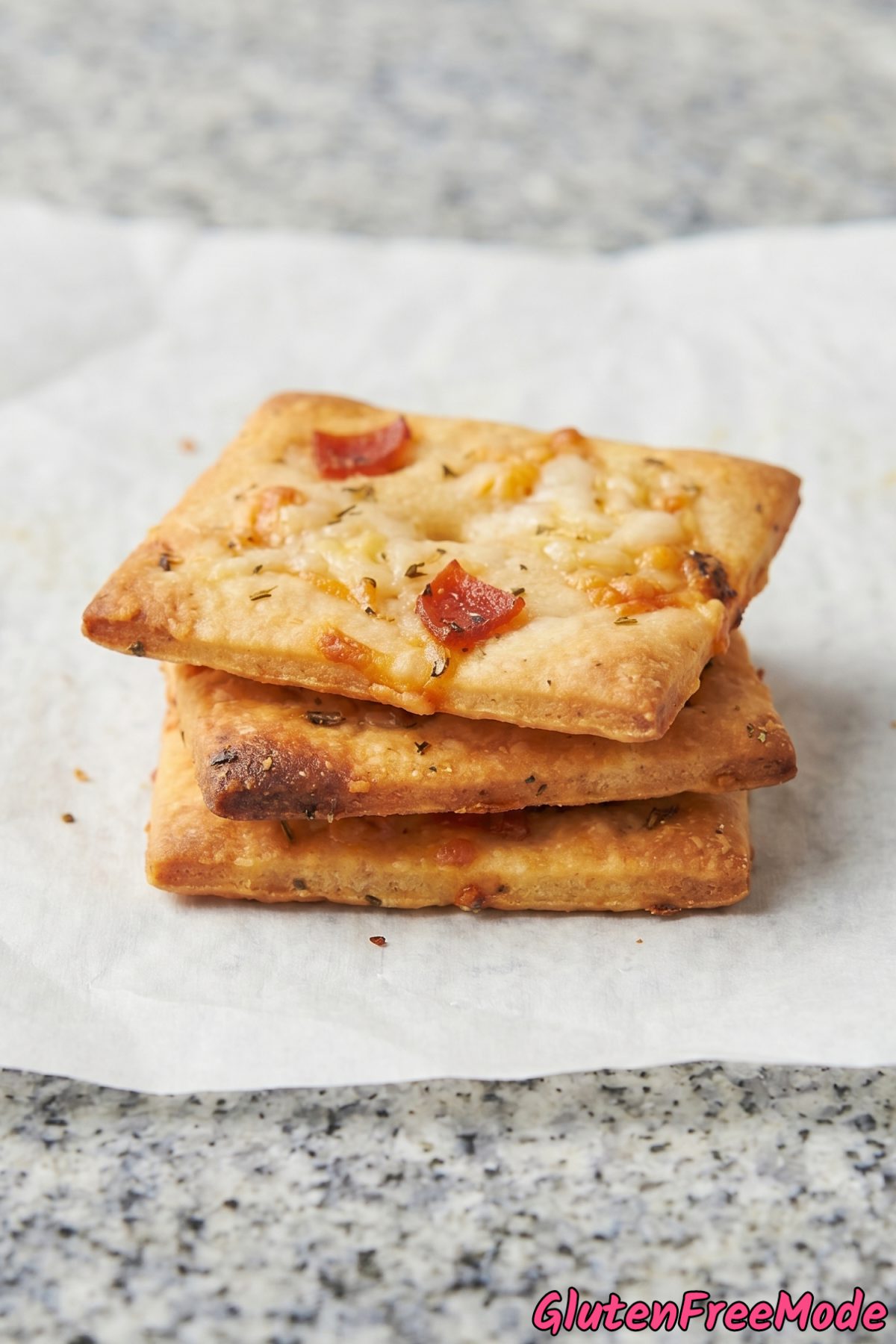 Crunchy gluten free pizza crackers stacked up