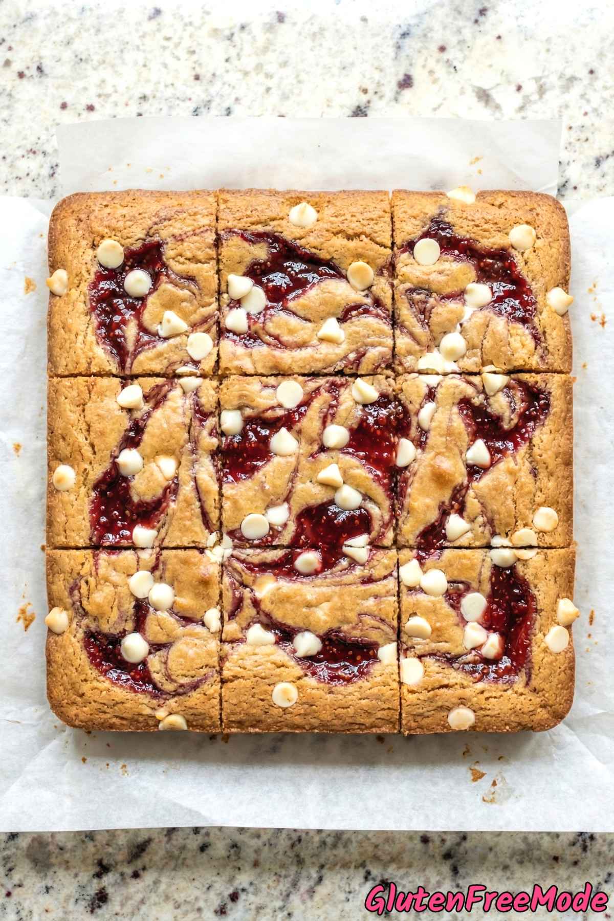 Decadent gluten free raspberry swirl blondies