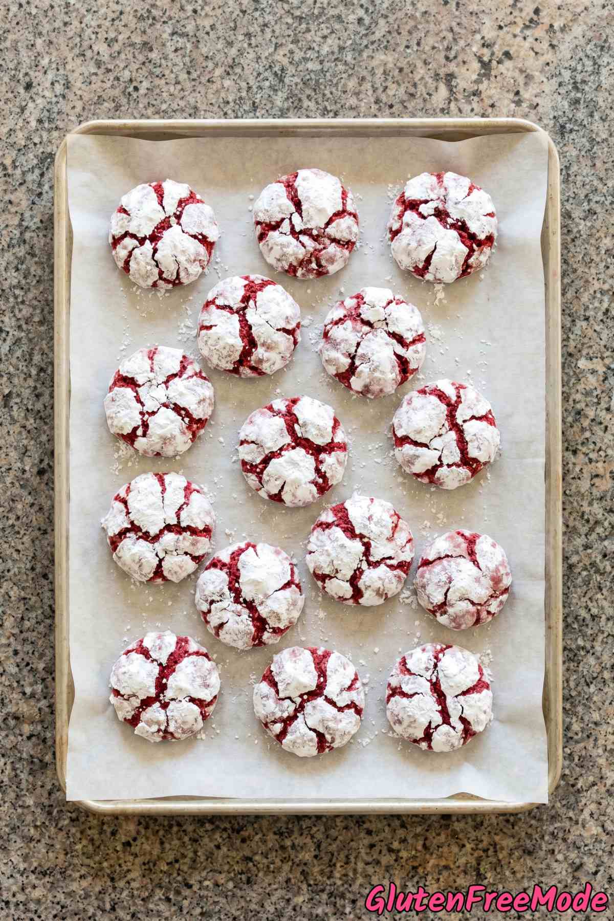 Soft gluten free red velvet crinkle cookies