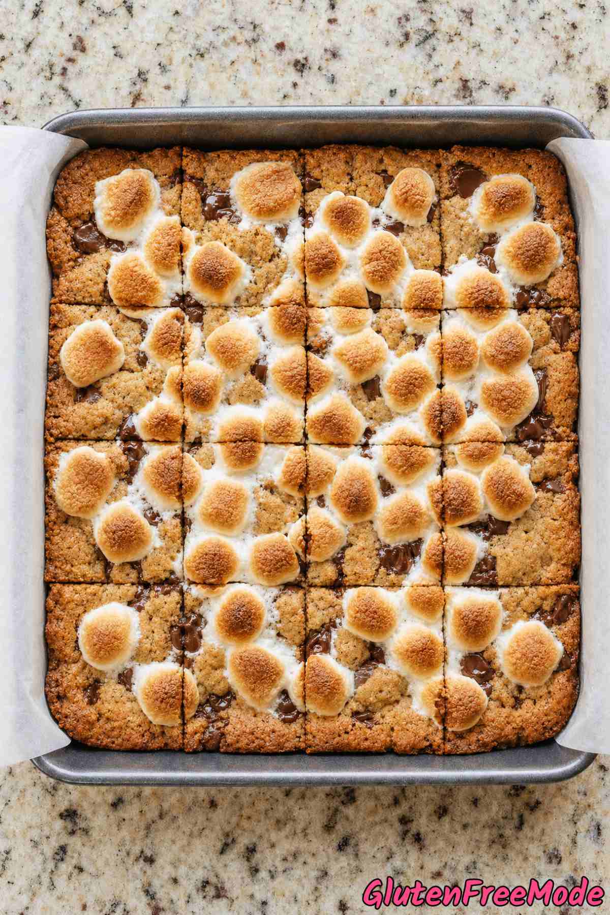 Chewy gluten free s'mores bars on tray