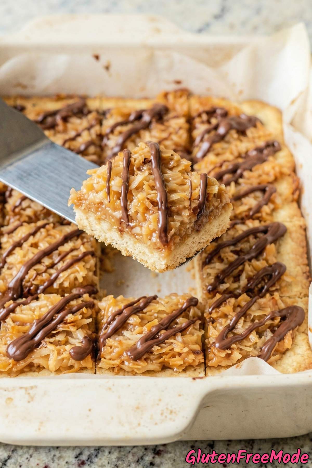 Rich gluten free Samoa cookie bars stacked