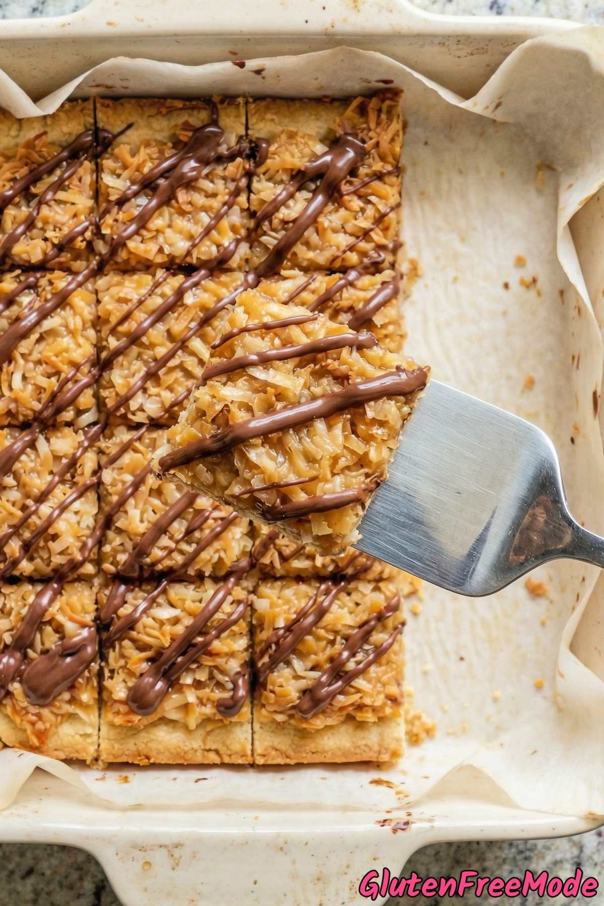 Coconut topped gluten free Samoa cookie bars