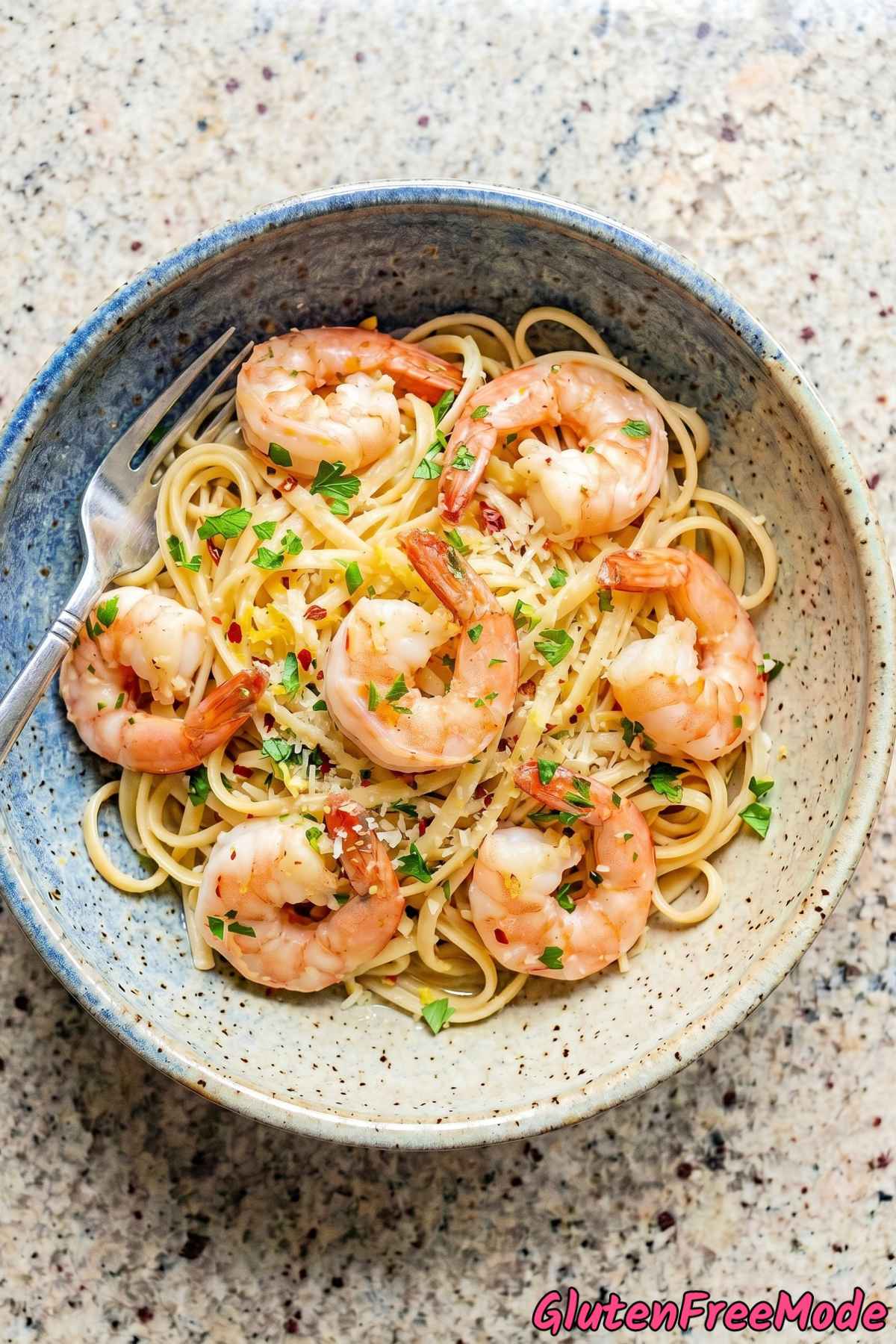 Savory gluten free shrimp scampi pasta bowl