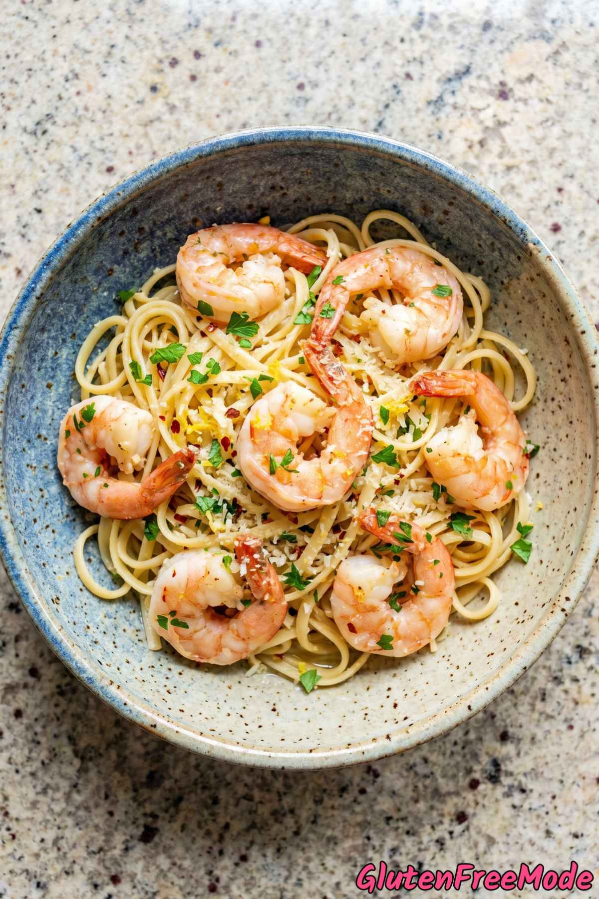 Tender gluten free shrimp scampi pasta close up