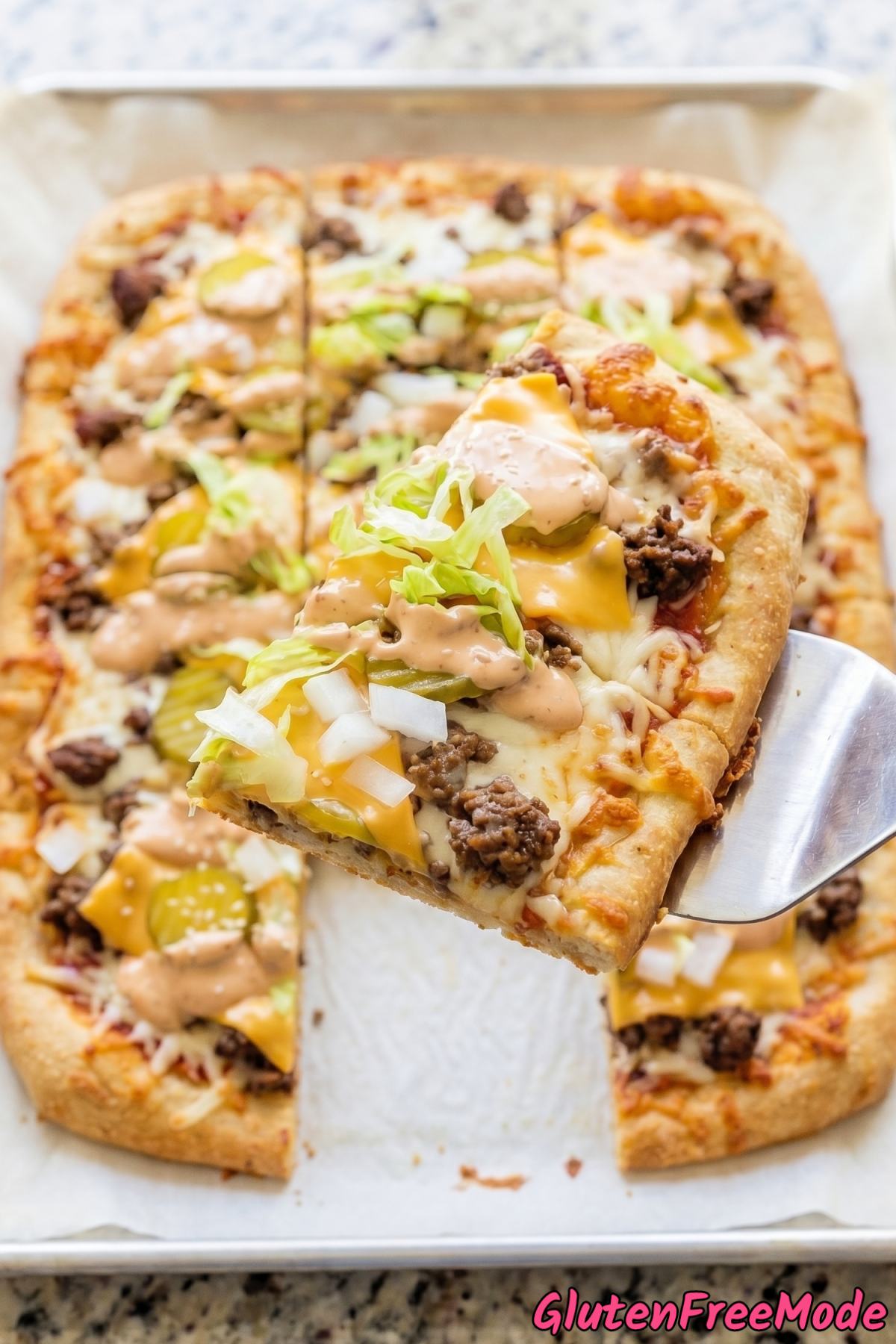 Juicy gluten free smash burger pizza close up