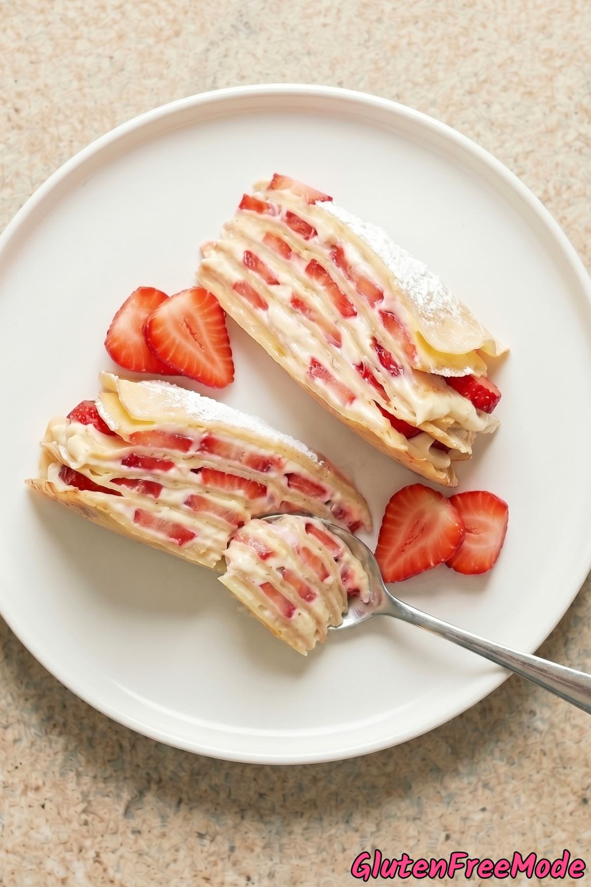 Creamy gluten free strawberry mille crepe cake