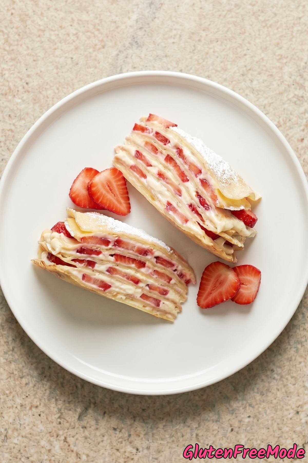 Delicate gluten free strawberry mille crepe cake