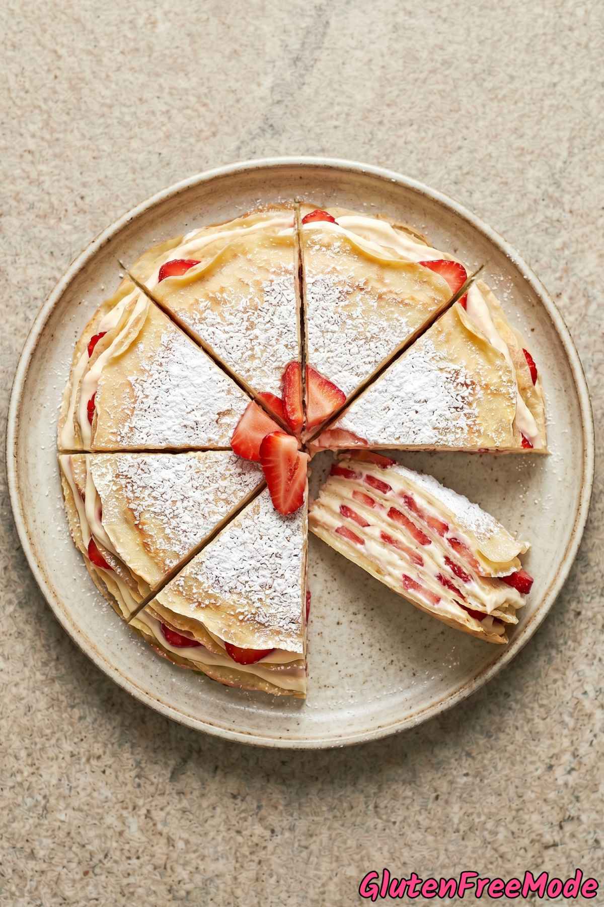 Fresh gluten free strawberry mille crepe cake