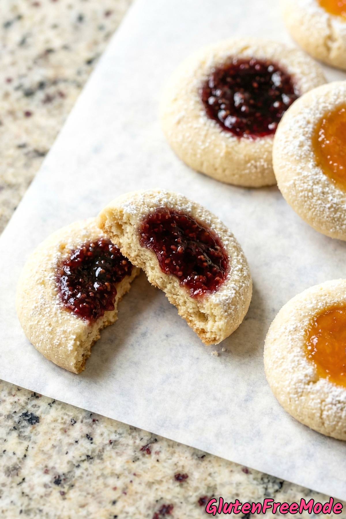 Tender gluten free thumbprint jam cookies