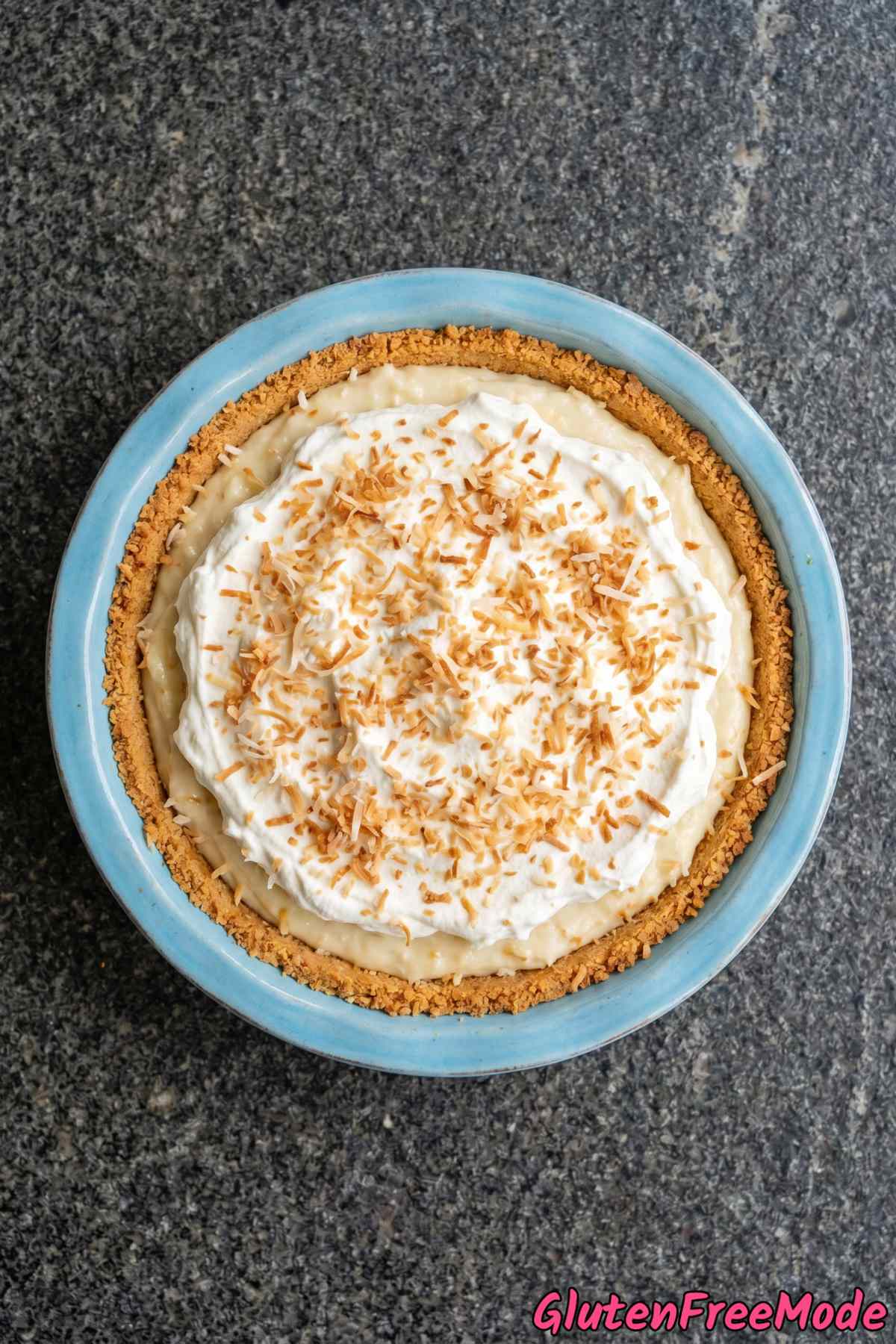 Golden gluten free toasted coconut cream pie