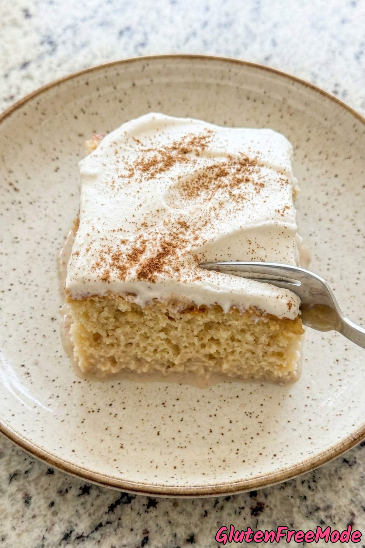 Tender gluten free tres leches cake portion