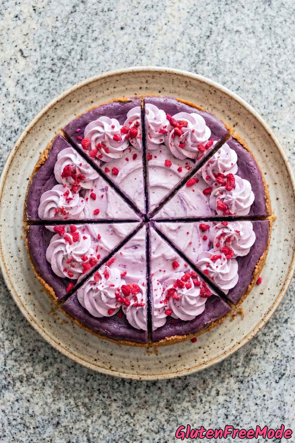 Velvety gluten free ube cheesecake slice