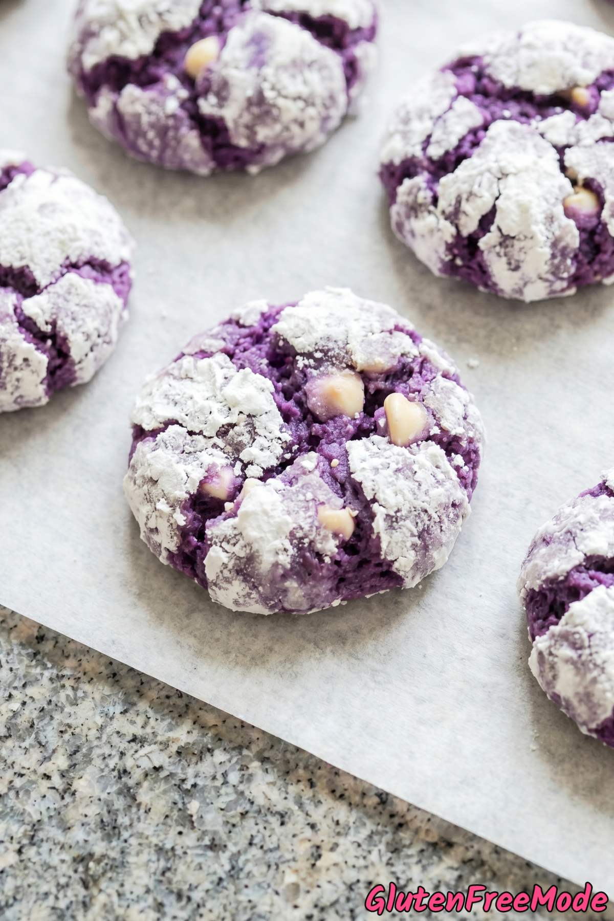 Chewy gluten free ube crinkle cookies