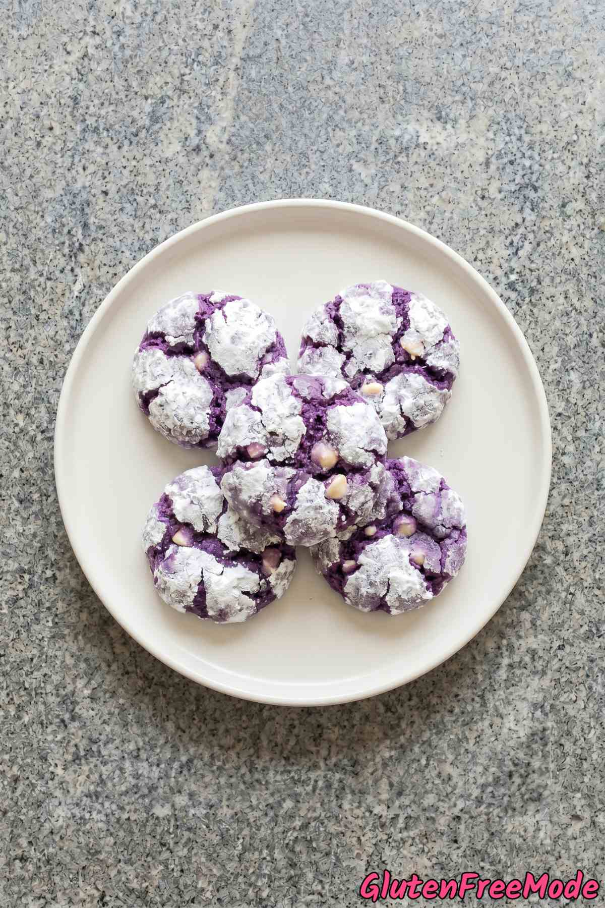 Soft gluten free ube crinkle cookies stacked