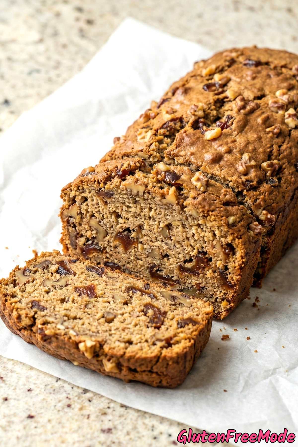 Warm gluten free walnut date bread loaf